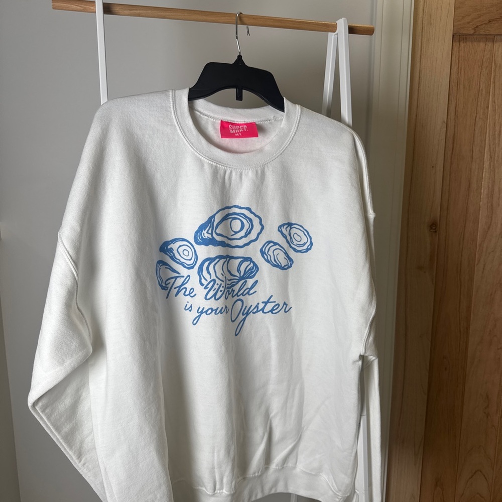 Oversized White and Blue Graphic Sweatshirt